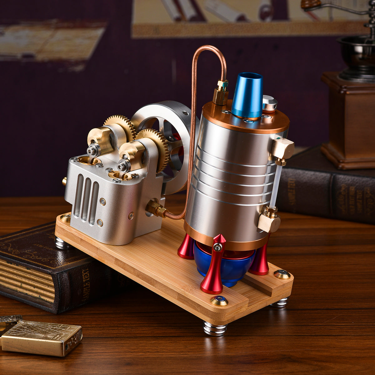 Vintage Startable Steam Engine Model - Retro CNC-Made Miniature with Large Heating Boiler - Realistic Functional Engine Model