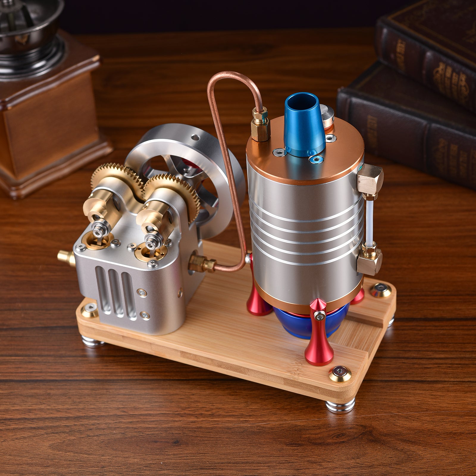 Vintage Startable Steam Engine Model - Retro CNC-Made Miniature with Large Heating Boiler - Realistic Functional Engine Model