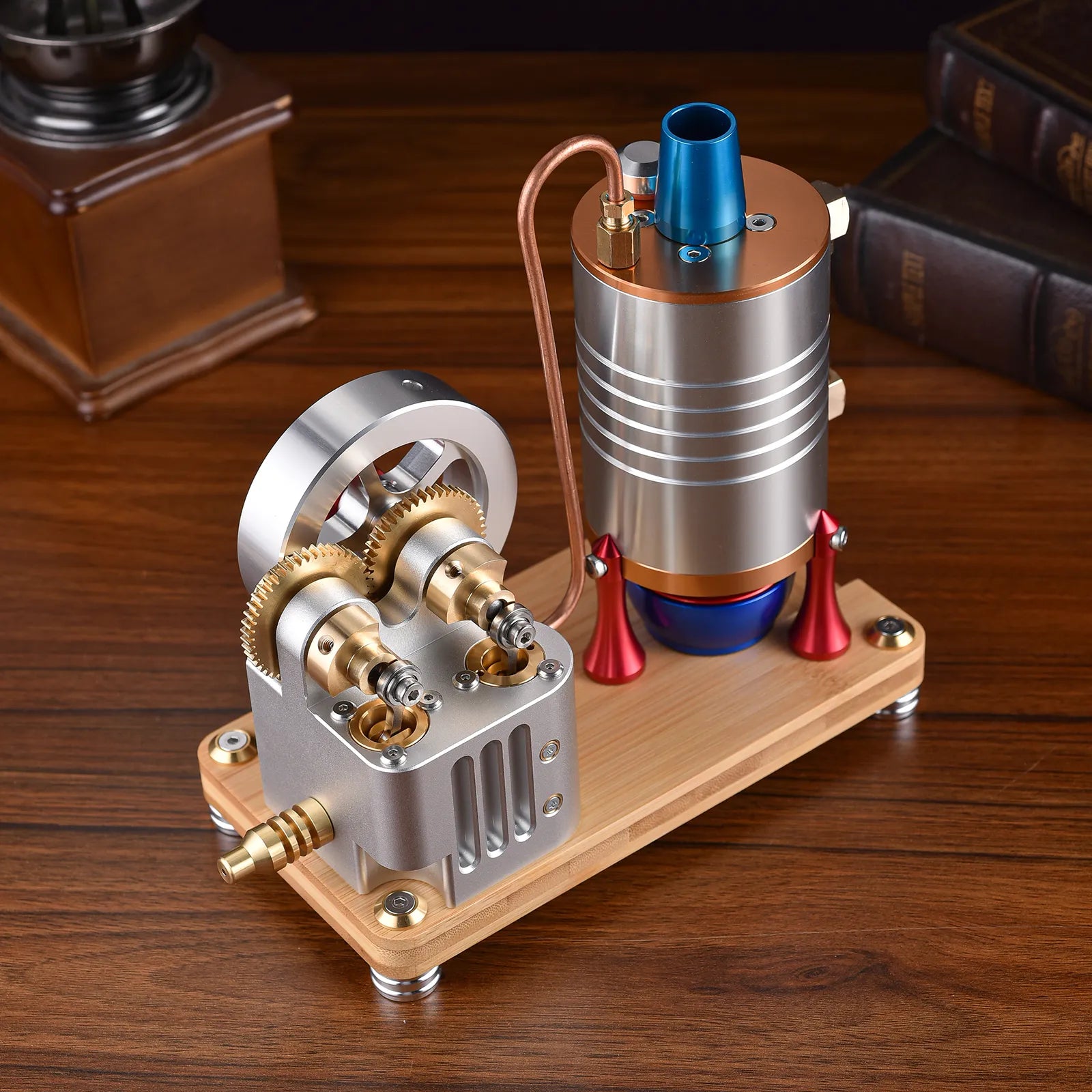 Vintage Startable Steam Engine Model - Retro CNC-Made Miniature with Large Heating Boiler - Realistic Functional Engine Model
