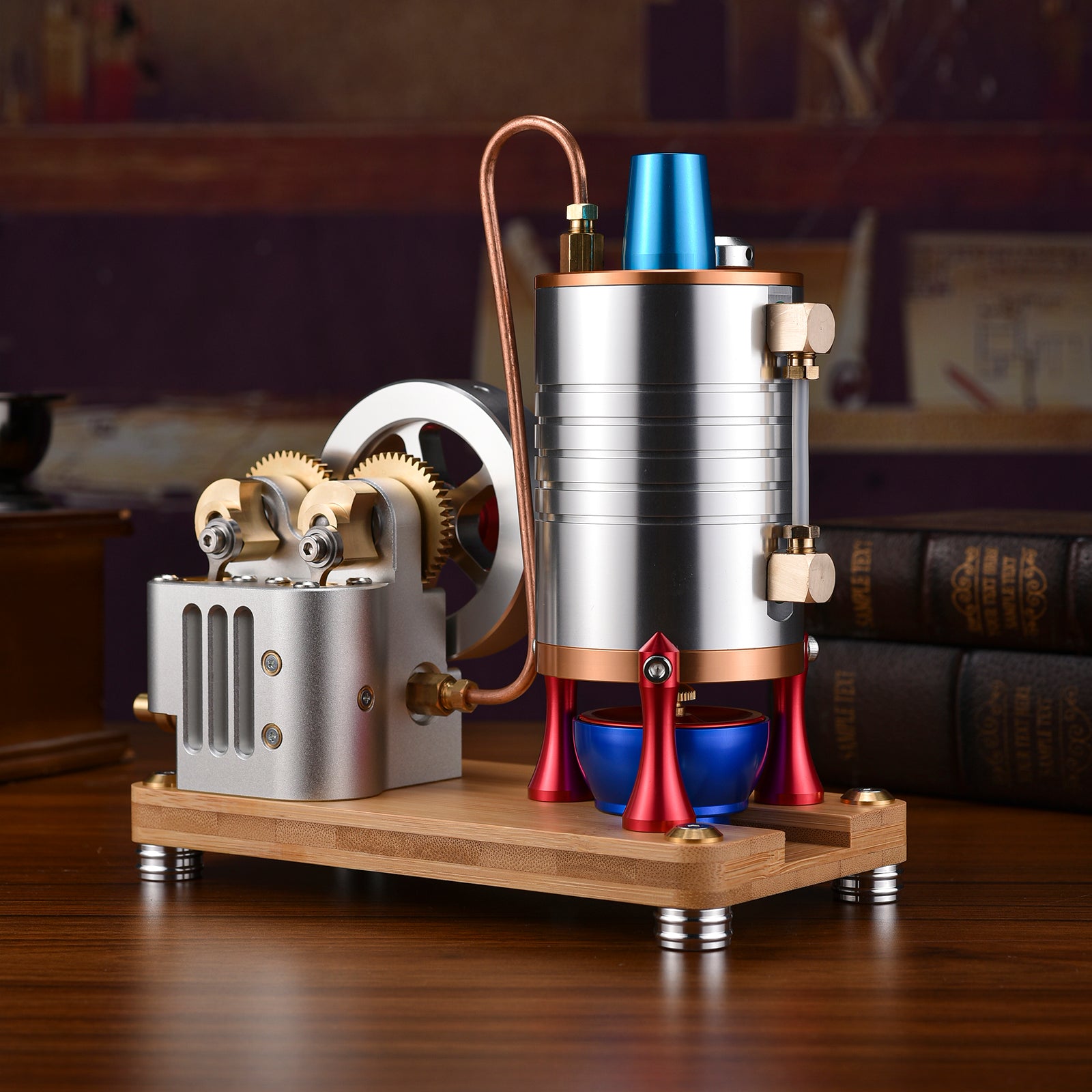 Vintage Startable Steam Engine Model - Retro CNC-Made Miniature with Large Heating Boiler - Realistic Functional Engine Model