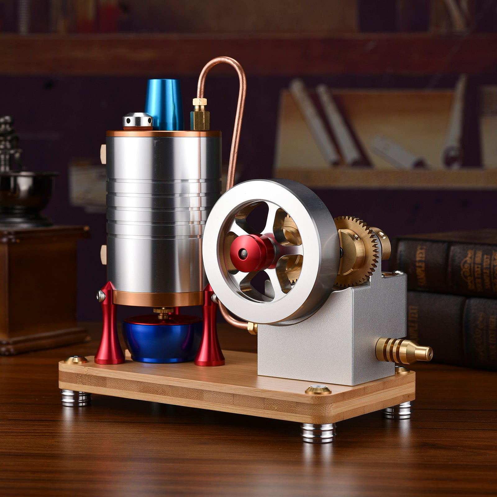 Vintage Startable Steam Engine Model - Retro CNC-Made Miniature with Large Heating Boiler - Realistic Functional Engine Model