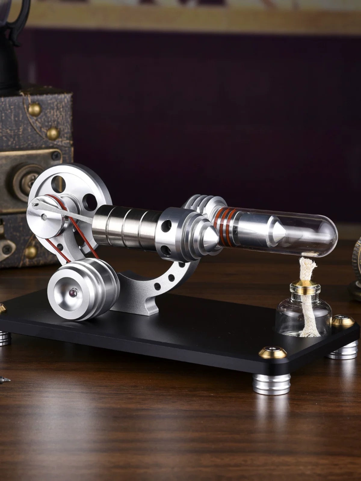 Metal Gamma Hot-air Stirling Engine Model with Bulb Educational Toys Ideal Engine Model Gift for Your Kids