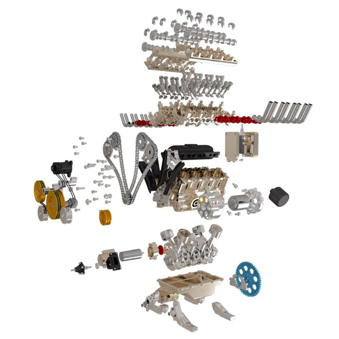 TECHING 1:3 Full Metal V8 Car Engine Model Kit - DIY Mechanical Assembly Educational Toy with 500+ Pcs - Build Your Own Engine