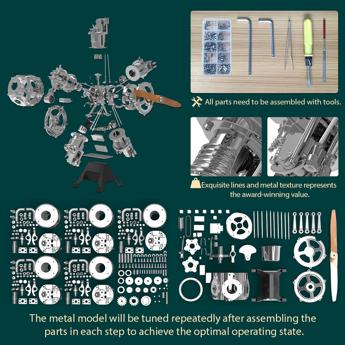 TECHING 5 Cylinder Radial Engine Model Kit - 1:6 Full Metal Aircraft Engine  - Build Your Own Radial Engine